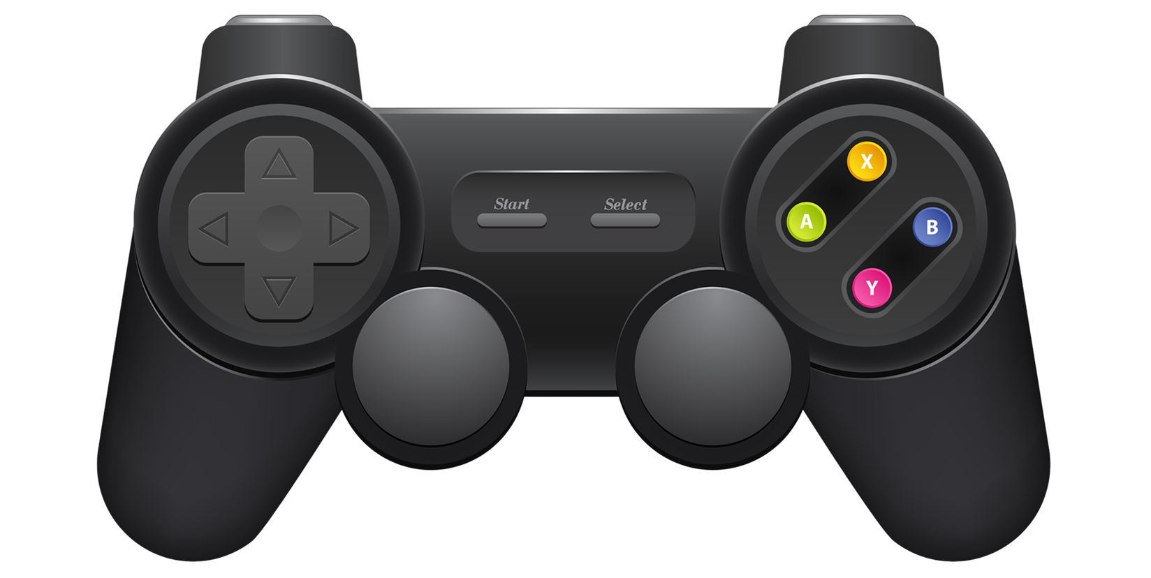 Black video game controller with colorful buttons.